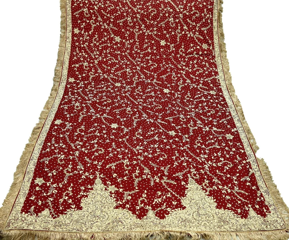 Vintage Heavy Wedding Maroon Dupatta Pure Satin Silk Long Stole Hand Embroidered - Image 2 of 4