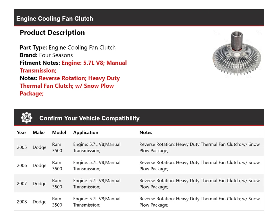 Embrague ventilador refrigeración motor V8 5,7 L Dodge Ram 3500 2005-2008 4 estaciones 2006 Foto 2 de 4