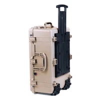 Tan Pelican 1650 with foam. Comes with wheels.