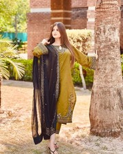 Attractive Heavy Roman Silk Olive Green Salwar Kameez With Dupatta For Function