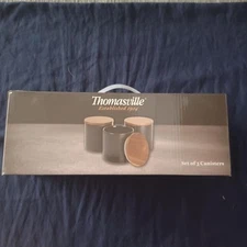 Thomasville Set Of 3 Black Ceramic Storage Canisters With Acacia Wood Lids