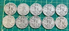 Lot of 10 Liberty Walking Half Dollars, 1937 to 1946
