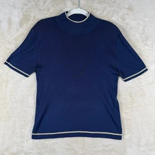 Saks Fifth Avenue Collection Silk Navy Sh Slv Mock Neck Knit Top L Metallic Trim