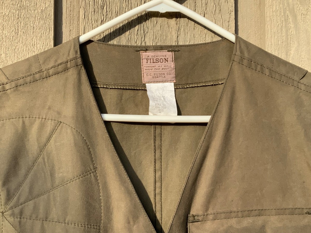 Vintage Filson Waxed Tin Cloth Hunting Vest Style 432 Green Made