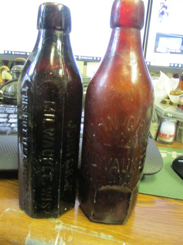 Milwaukee, Wis. 2 Amber Blob Top Soda Pop Bottles John Graf 8-sided & Mug Based