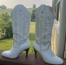 VTG 80s Jeenz Bootz Size 6M White Stitched Leather High Heel Western Cowgirl USA