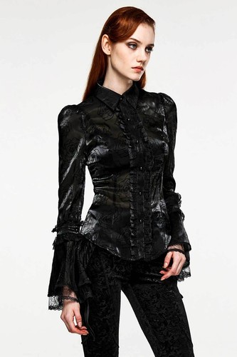 PUNK RAVE Traumhafte Gothic Bluse Chiffon Dream Schwarz Transparent Rosenmuster - Picture 8 of 9