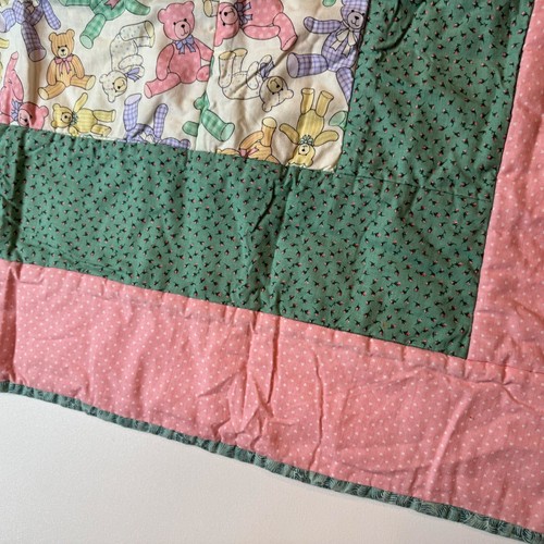 Crib Quilt 44x33 Girls Flowers 90s Handmade Tied Green Calico - Picture 4 of 14