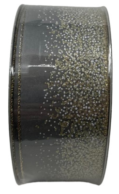 2.5'' X 50 Yds Wired Christmas Holiday Ribbon Grey White Polka Dots Gold Glitter