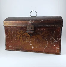 Antique 19th Century Toleware Dome Top Japanned Gold Floral Painted Tin Box