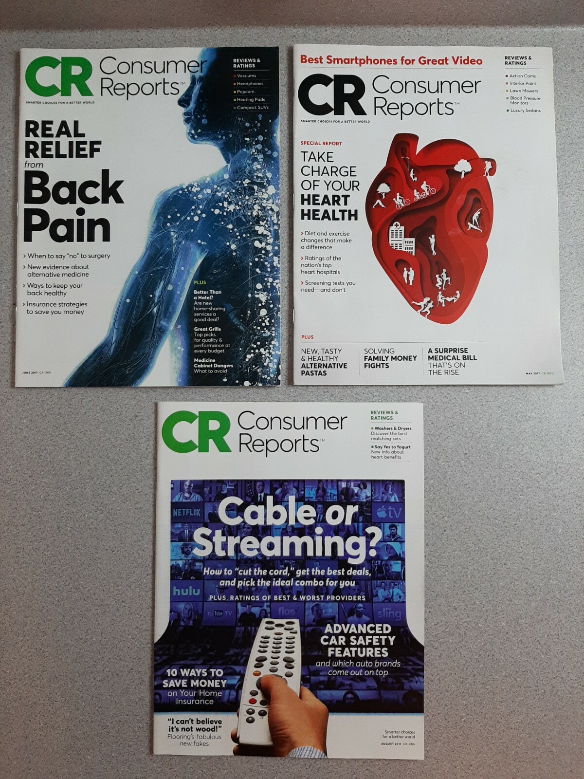 Consumer Reports Magazine 2017 Lot of 3 May/June/August Health Back Pain Cable