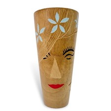 Modern Abstract Carved Hand Painted Wood Vase Woman Red Lips Floral Face 12  