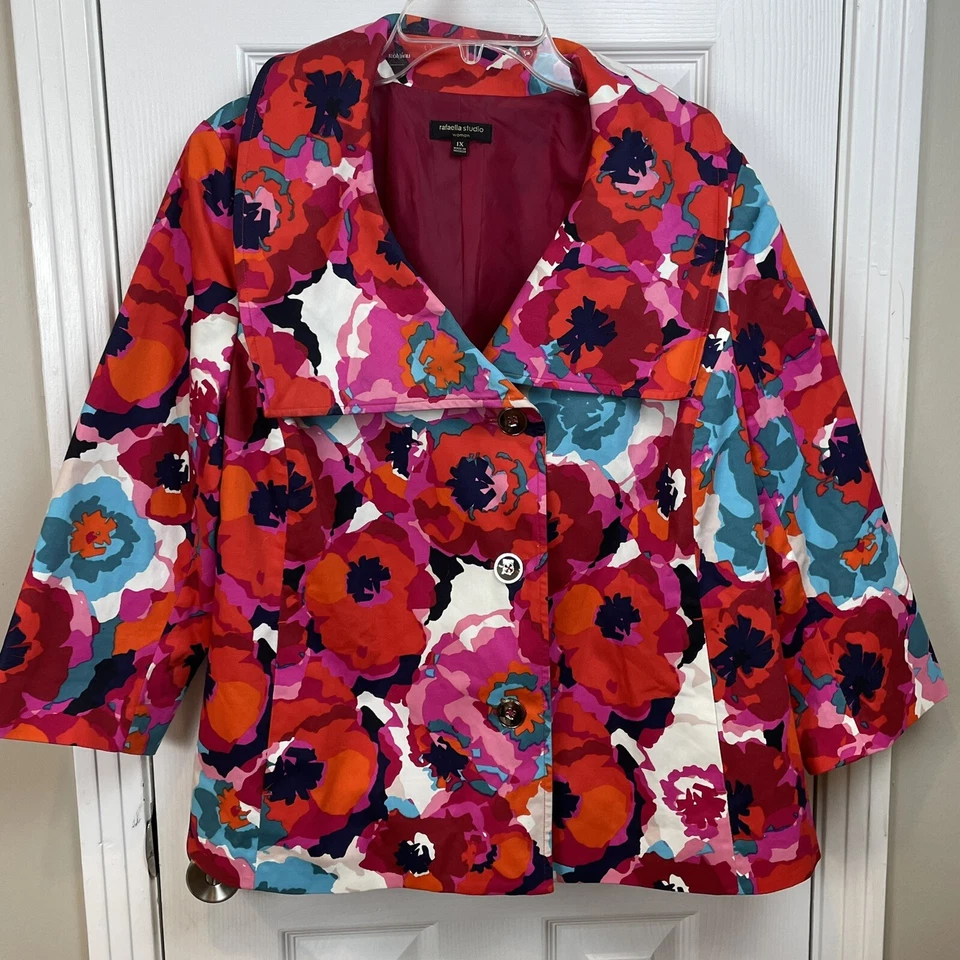 RAFAELLA Woman Size 1X Bright Bold Floral Jacket Fully Lined Cotton Spandex - Image 4 of 4