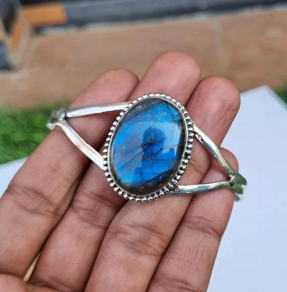 Hermoso brazalete y pulsera de labradorita, brazaletes de plata de ley 925 para mujer Foto 2 de 4