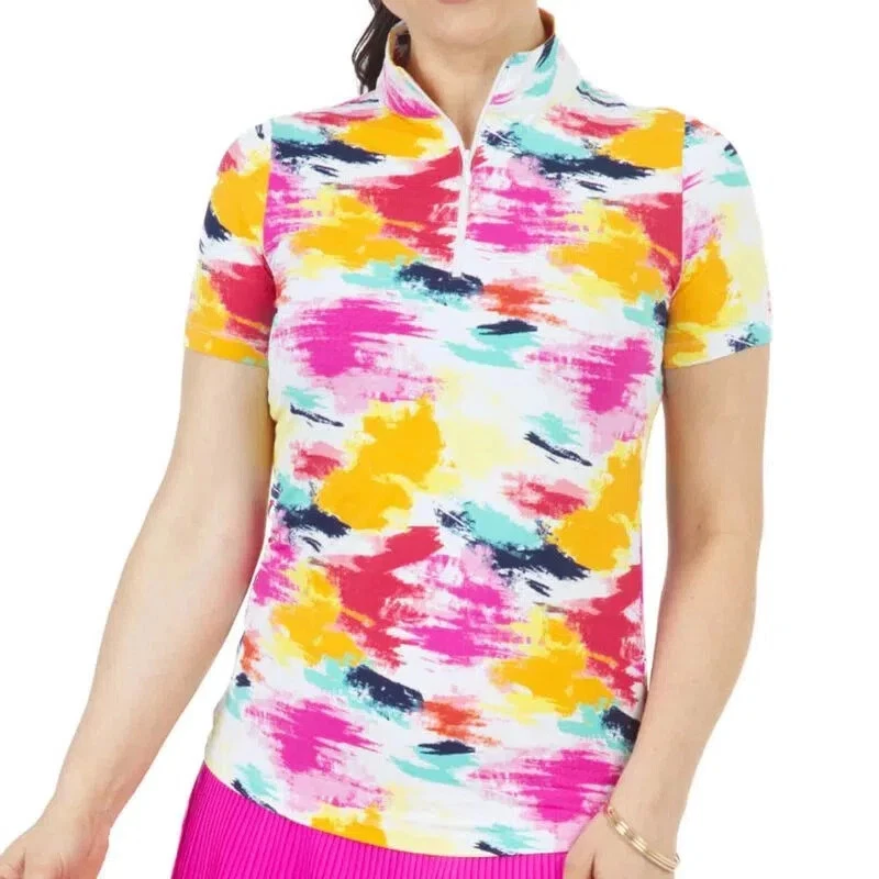 IBKUL Top Size M Matilda Mock Neck Zip Short Sleeve Hot Pink Women Golf Tennis
