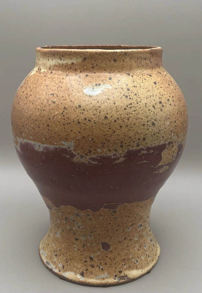 Vintage Artist Signed MCM Art Pottery Two Tone Drip Glaze Heavy Vase 8.5" t. - Image 3 of 4