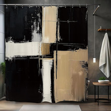 Abstract Modern Neutral Shower Curtain 60Wx72L Inch Black Tan Minimalist Contemp