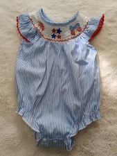 6-9 M Girls Independence Day Outfit 4th July American Flag Embroidery Smocked B4