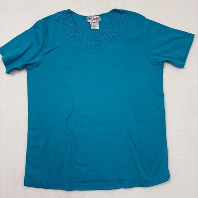 Bridge BG Gate Womens Large Teal Blue Floral Embroidered Neck Short Sleeve Top