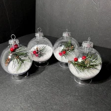 4 Christmas Clear Shatterproof Ornaments, Pine Sprigs & Red Berries in Snow 3"
