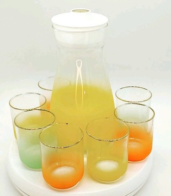 Vintage Juice Carafe Pitcher Glasses Set Blendo  Orange Green Yellow Vintage MCM