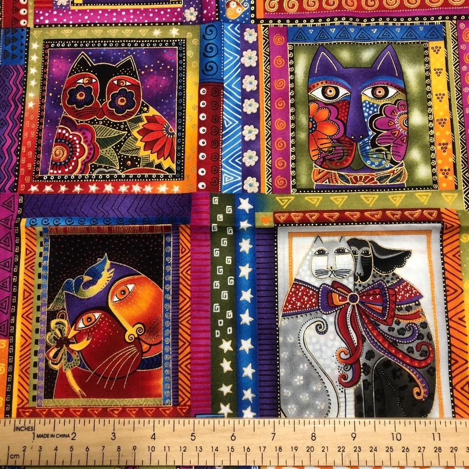 Laurel Burch "Fabulous Felines" Gato Bloques Tela de Algodón Brillante RARO Vendido por YA Foto 2 de 4