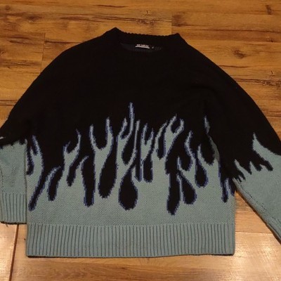 Tide Card Log Flame Graphic Knit Pullover Sweater Men Black Blue Crew Neck