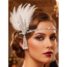 Aukmla 1920s Flapper Feather Headband Leaf 1 Count Pack of 1 , White Silver