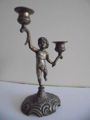Ancien double bougeoir candélabre ange PUTTI en laiton h 24 cm antique Tbe - Photo 1/4