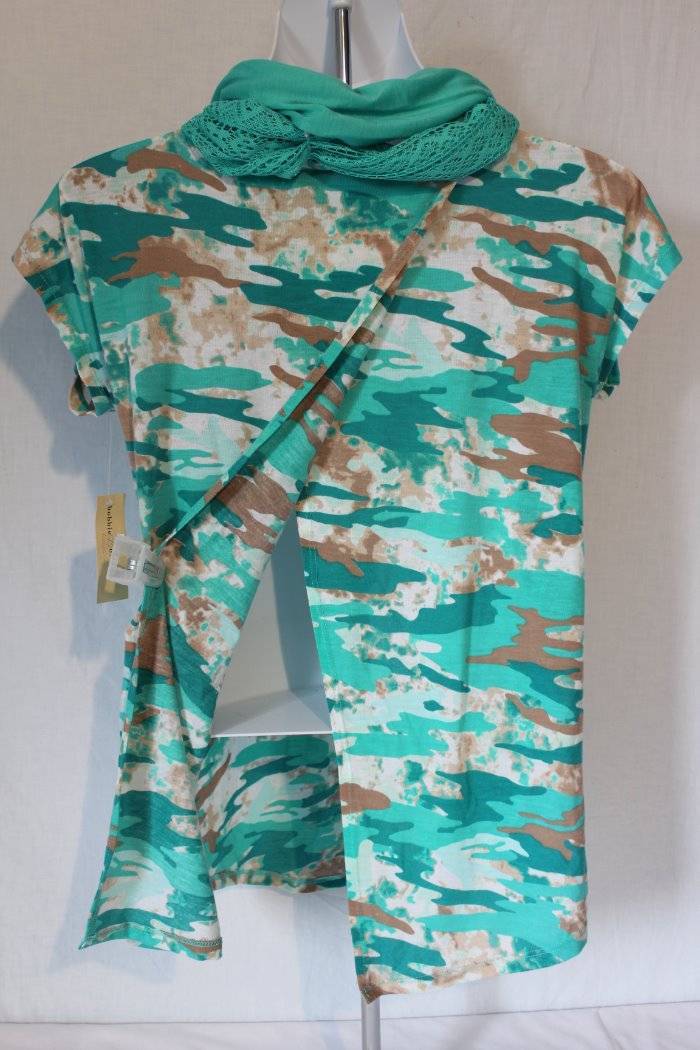 Womens Blouse w/ Infinity Scarf Shirt Size Small Green Camouflage Split Back Top image 4