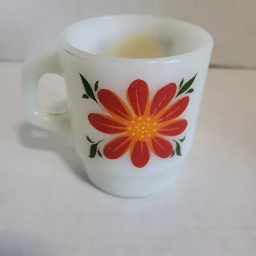 Vintage Anchor Hocking Fire King  Flower Stacking Mug Red & Yellow Flower # 35