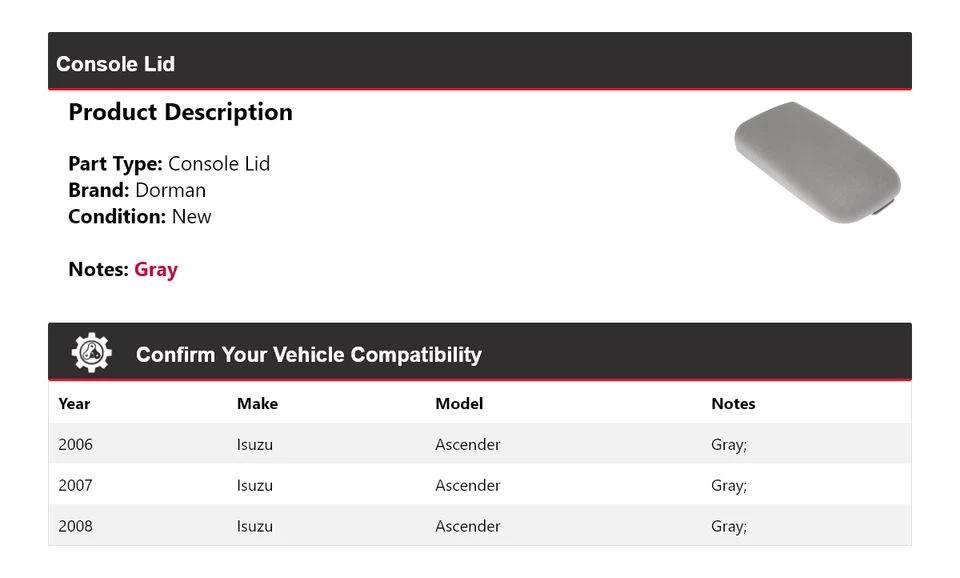 Tampa de console Isuzu Ascender Dorman 2007 para 2006-2008 - Imagem 2 de 4
