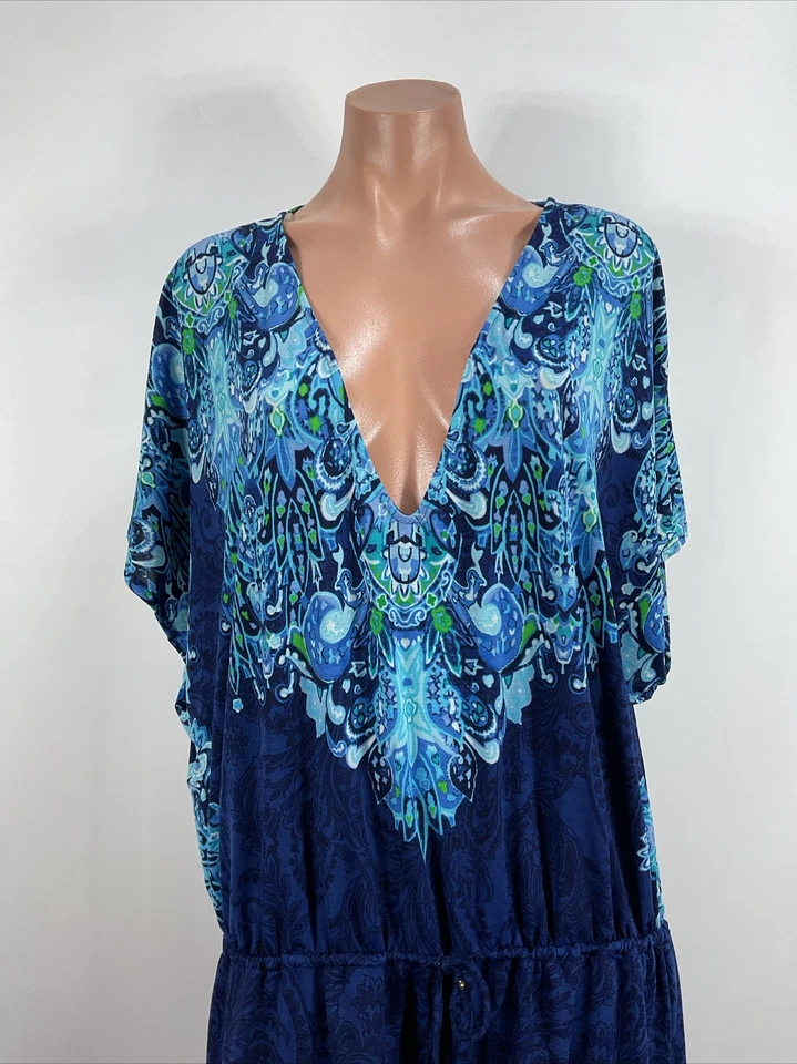 Vestido Lauren Ralph Malla Transparente Natación Cubrir Lauren Verde Azul Paisley Talla S Foto 3 de 4