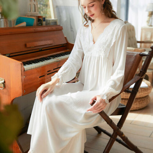 Ladies Nightdress Ruffle Embroidered Lace Long Sleeve Nightie Sleepwear Sweet - Picture 1 of 9