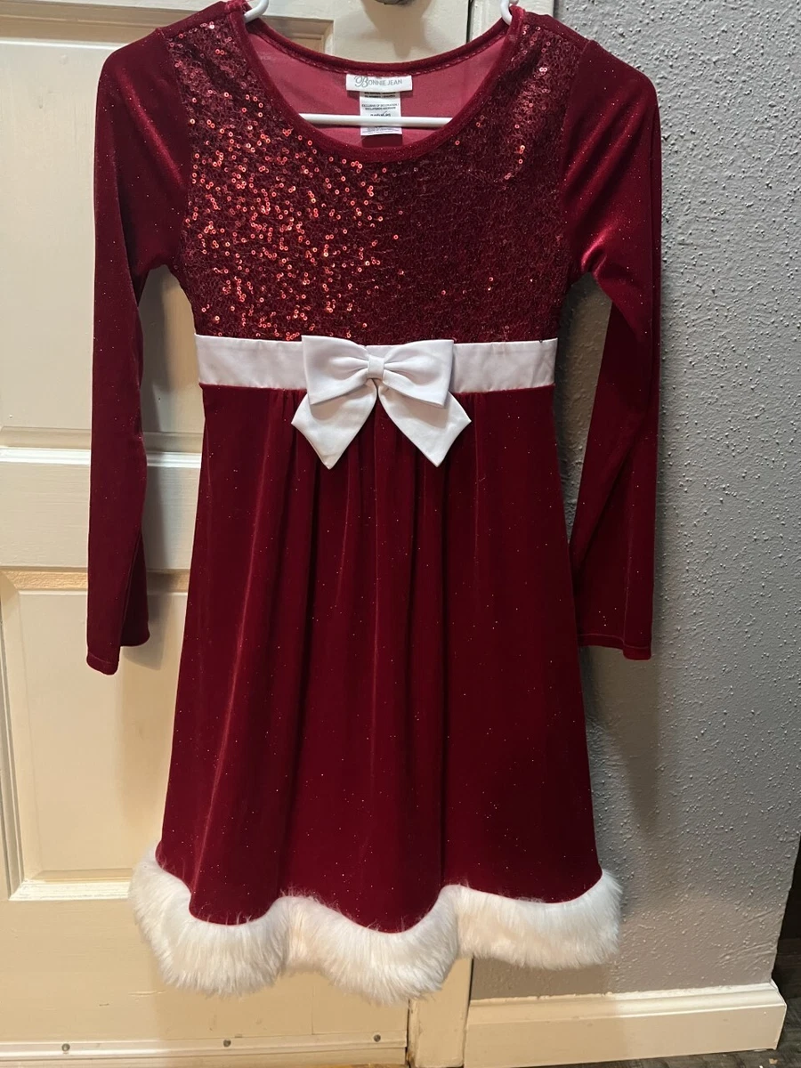 Bonnie Jean Christmas Dress Soft Red Sparkle Faux Fur Trim Lined