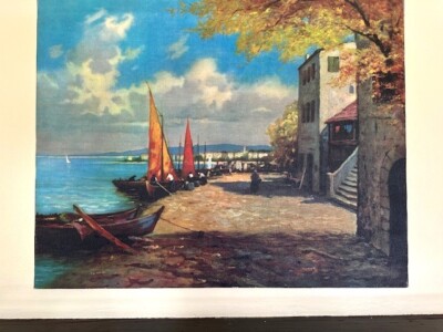 Vintage  Oil On Canvas  Italian Seascape Harbor Village Canvas on Board