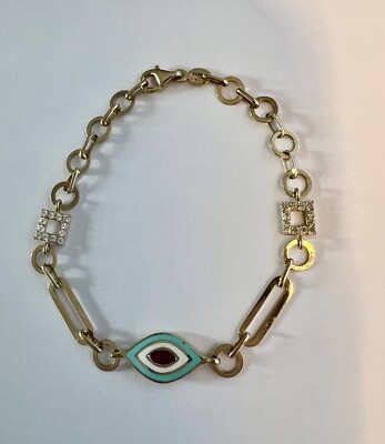 14K Gold Good Luck Red Stone Eye Bracelet, Adjusts To 7.4 Inches