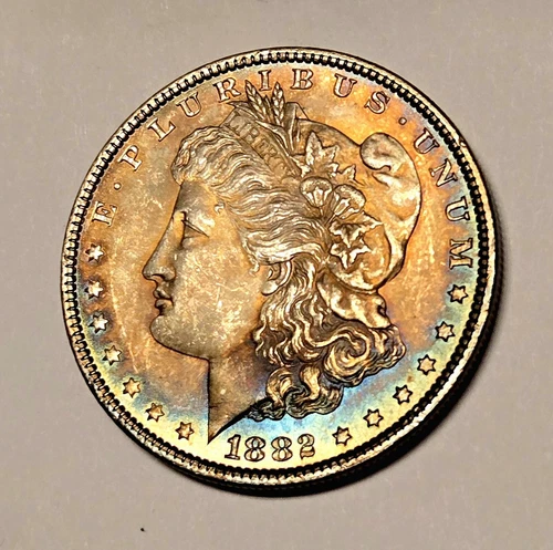 1882 P Morgan Dollar TRUE RAINBOW ALBUM CRESCENT TONED OBVERSE GENUINE Gem RARE