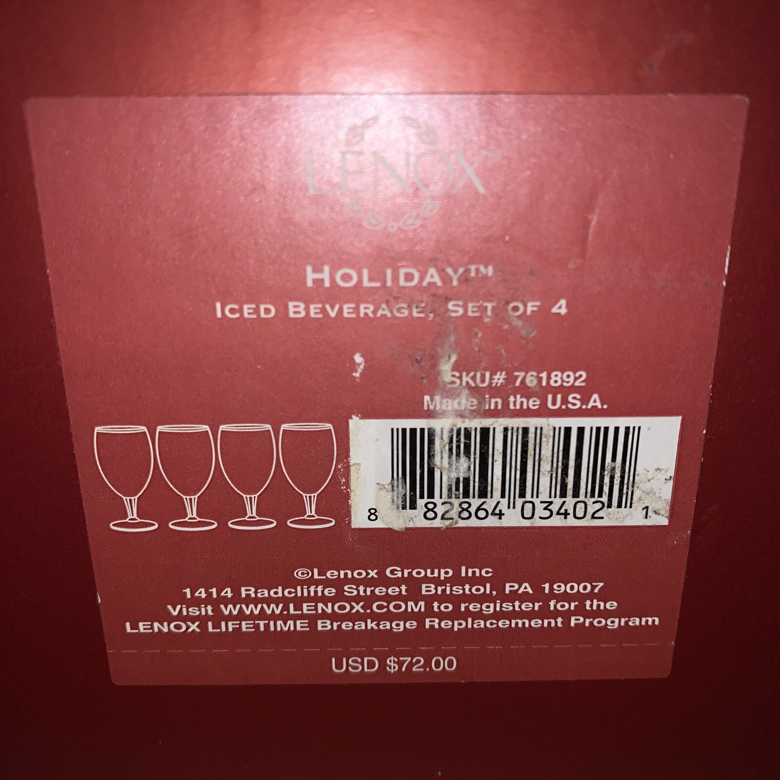 Lenox Holiday Iced Beverage Glasses Goblets Set of 4 With Box Clear Rim