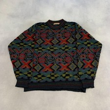 Vintage Abstract Knitted Jumper Patterned Grandad Knit Sweater Men's L