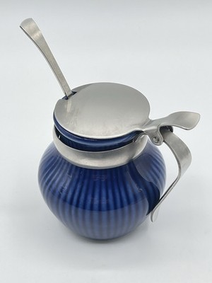 Vtg Rorstrand Cobalt Mustard Jam Pot Sweden With Gense Spoon 661