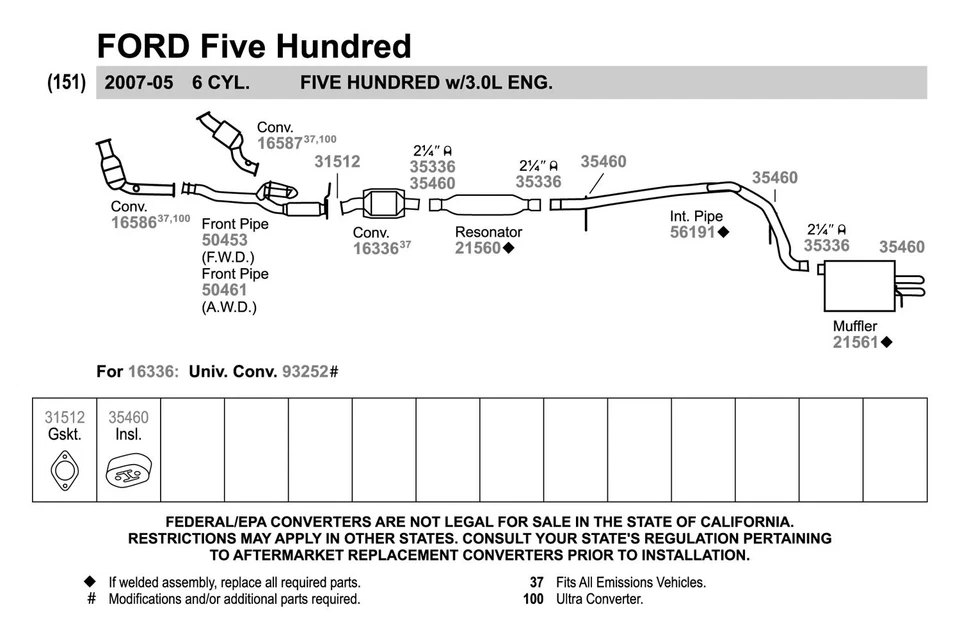For Ford Five Hundred 2005-2007 Walker 50453 Aluminized Steel Exhaust Front Pipe Foto 2 de 3