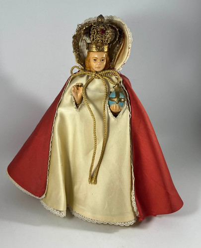 Infant Jesus of Prague Chalkware Statue w/ Jeweled Metal Crown Vintage 9"H