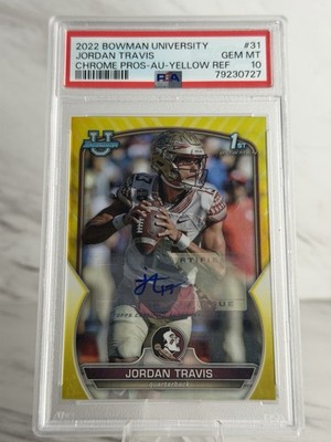 Jordan Travis 2022 Bowman Chrome University 1st Yellow Refractor Auto /75 PSA 10