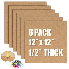 Cork Board Tiles 6 Pack 12x12 Inch Square 1/2 Thick Self Adhesive Pin Wall