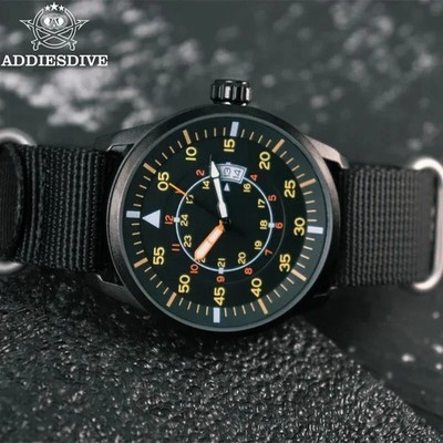 44MM ADDIESDIVE Vintage Quartz Men Watch Luminous Nylon 50M Waterproof Diver NEW