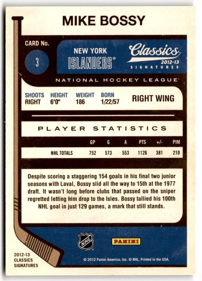 Mike Bossy 2012-13 Panini Classics Signatures #3 New York Islanders - Image 2 of 2