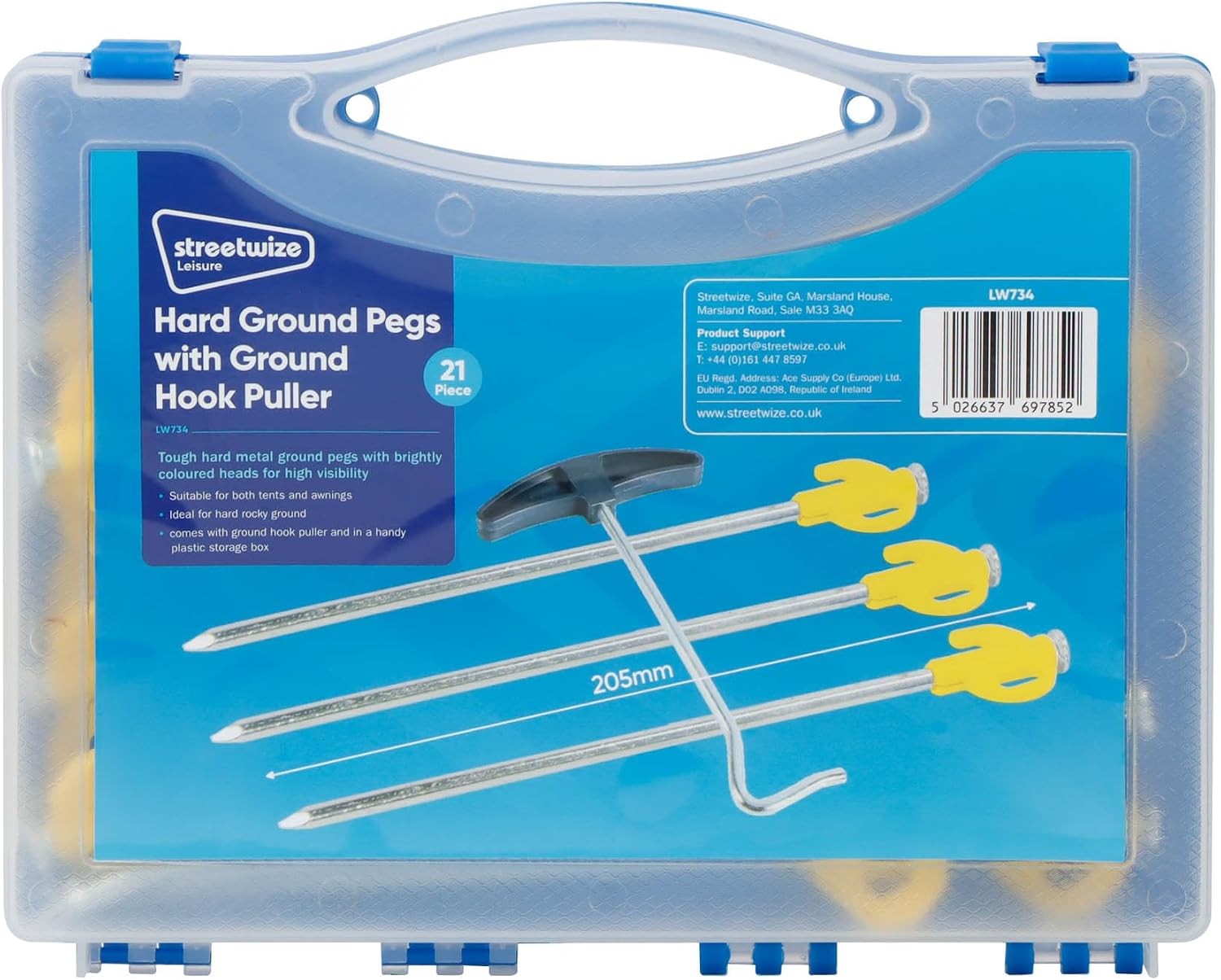 21pc Heavy Duty Tent Peg Set with Puller, 20cm Galvanised Steel Rust Proof,