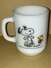 Vintage 1965 Fire King Milk Glass Handled Mug Snoopy & Woodstock