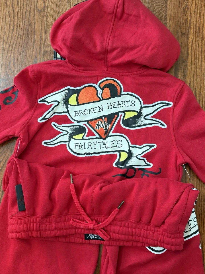 NUEVO CON ETIQUETAS ED HARDY Conjunto de Pantalones con Capucha Mujer XL Rojo Y2K Recorto Corazón Roto Cuento de Hadas Foto 2 de 4